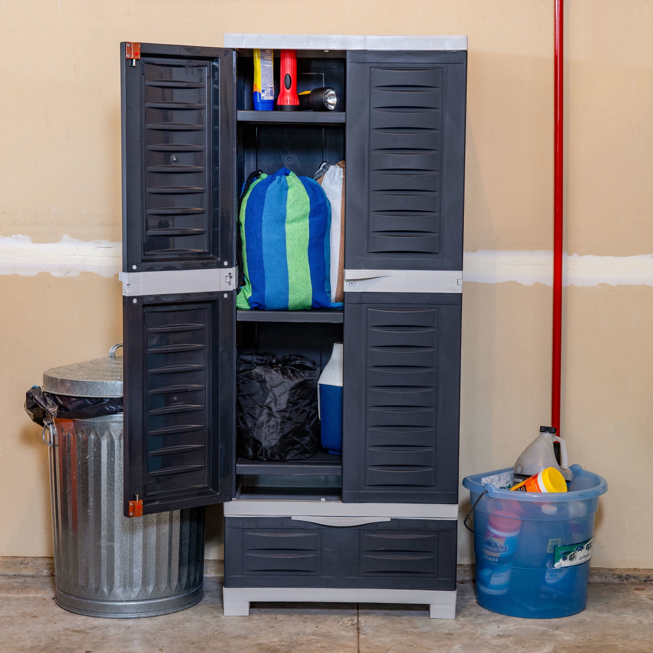 Sunnydaze Lockable Adjustable 57.5" Plastic 3-Shelf 1-Drawer Freestanding Storage Cabinet, Charcoal with Gray Trim