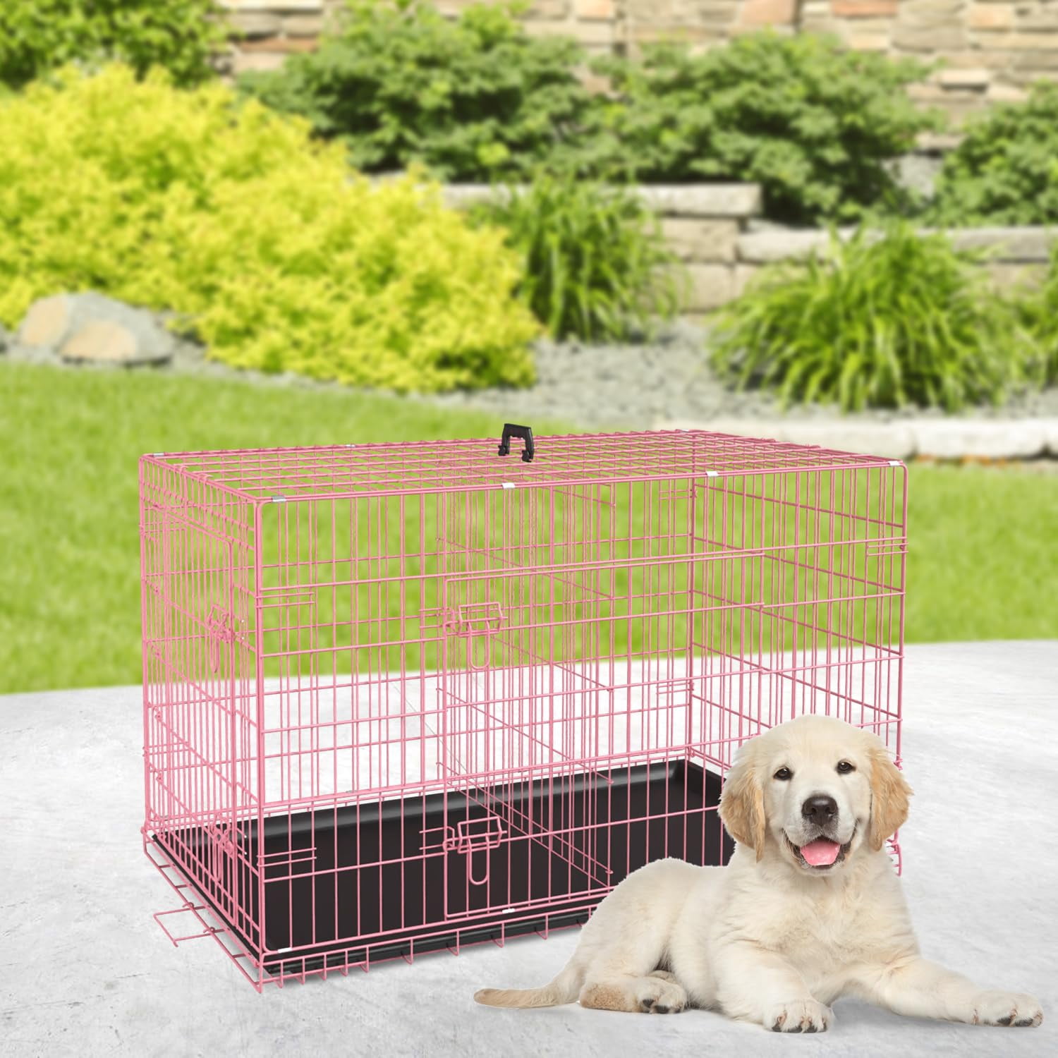 XF XINFENG 24 Inch Dog Crates for small dogs Folding Metal Kennel with Double Doors Leakproof Tray Portable Dog Cage for Travel, Indoor & Outdoor Use Pink