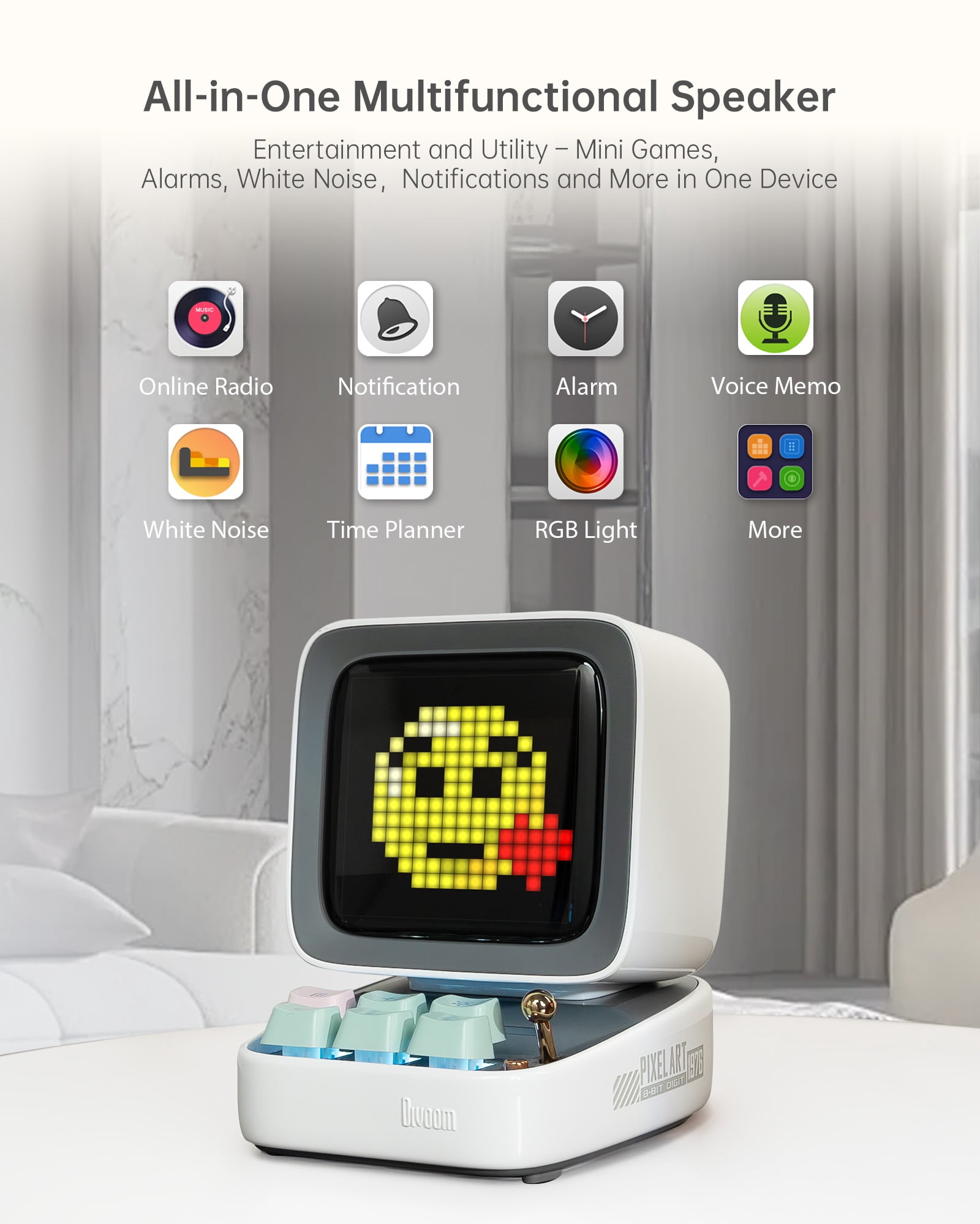 Divoom Ditoo Retro Pixel Art Game Bluetooth Speaker with 16X16 LED App controlled Front Screen (Pink)