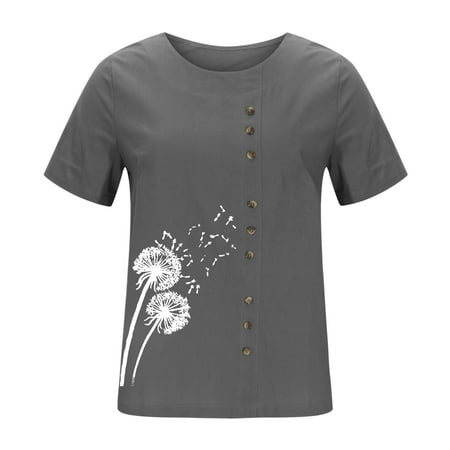 

Summer Womens Short Sleeve Crew Neck Floral Fit Printed Top T Shirts Casual Linen Yellow Printed Scrub Tops