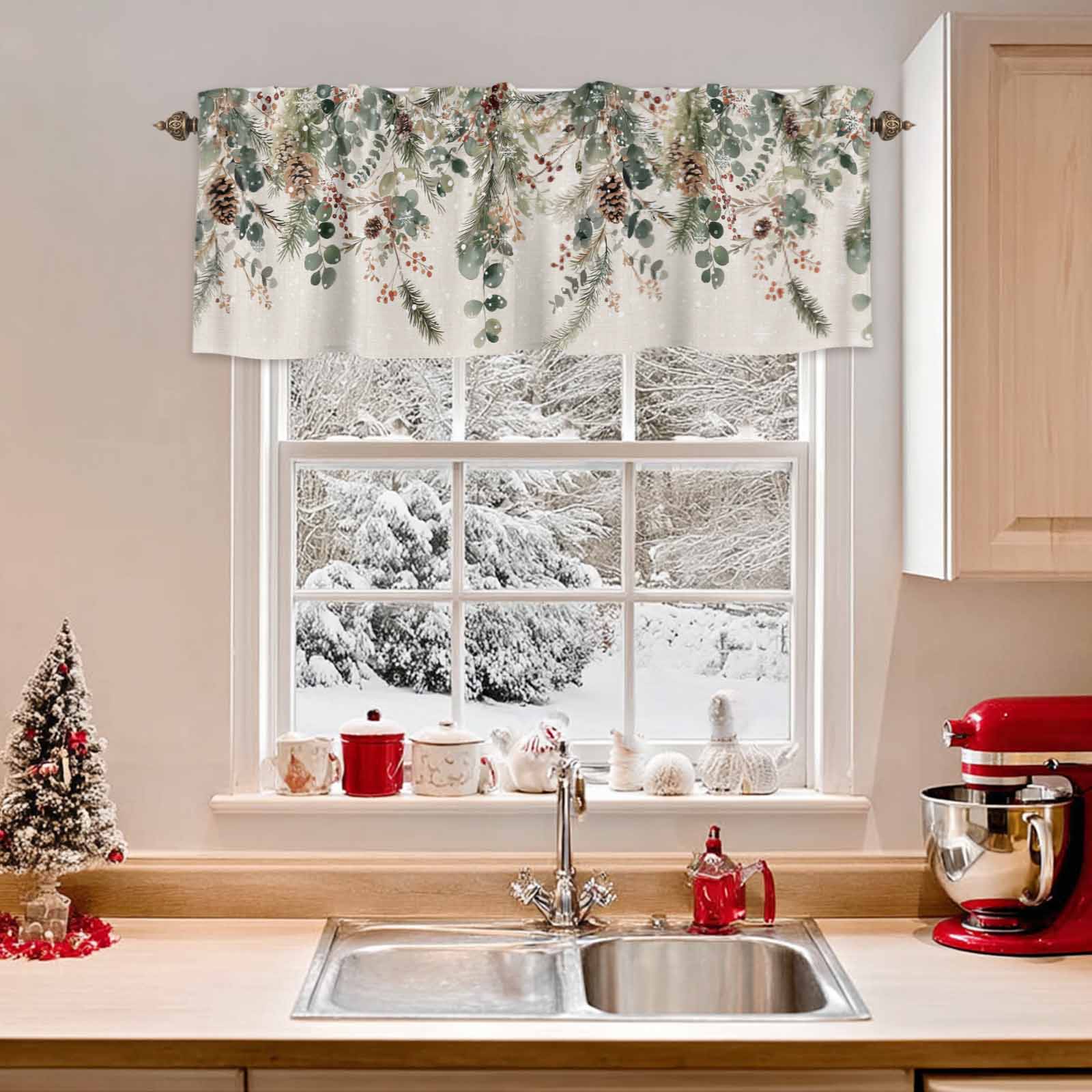 Christmas Winter Valance Curtain for Windows Pine Tree Berry Eucalyptus Retro Linen Curtain Valances Short Window Treatments Panels for Kitchen Bathroom Laundry Room Basement 60 x 18 Inch