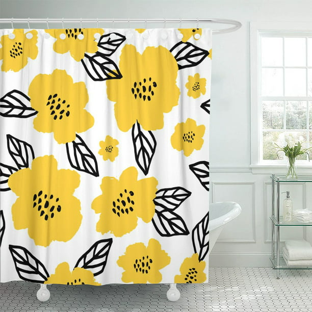 Pknmt Colorful Pattern Flowers And, Yellow And Black Shower Curtain