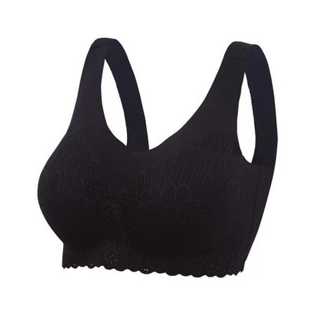 

opvise Wide Shoulder Straps Beauty Back Latex Pads Wire Free Women Bra Lace Stitching Push Up Sport Brassiere Black L