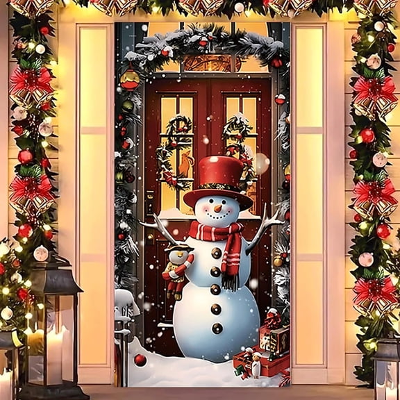 Christmas Elastic Fabric Door Cover Home Decor, 35x79 Inch Santa Claus Design Door Banner, Xmas New Year Front Door Hanging Decor for Holiday Home Decoration