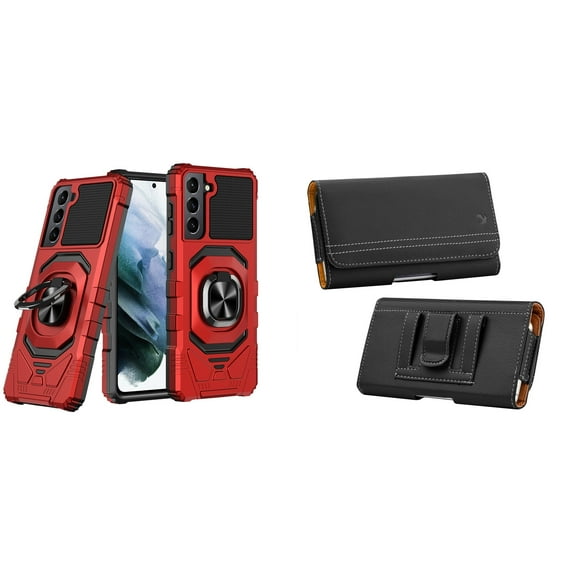 Case with Belt Holster Bundle for Samsung Galaxy S22: Heavy Duty Shield Cover (Red) and PU Leather Magnetic Phone Pouch