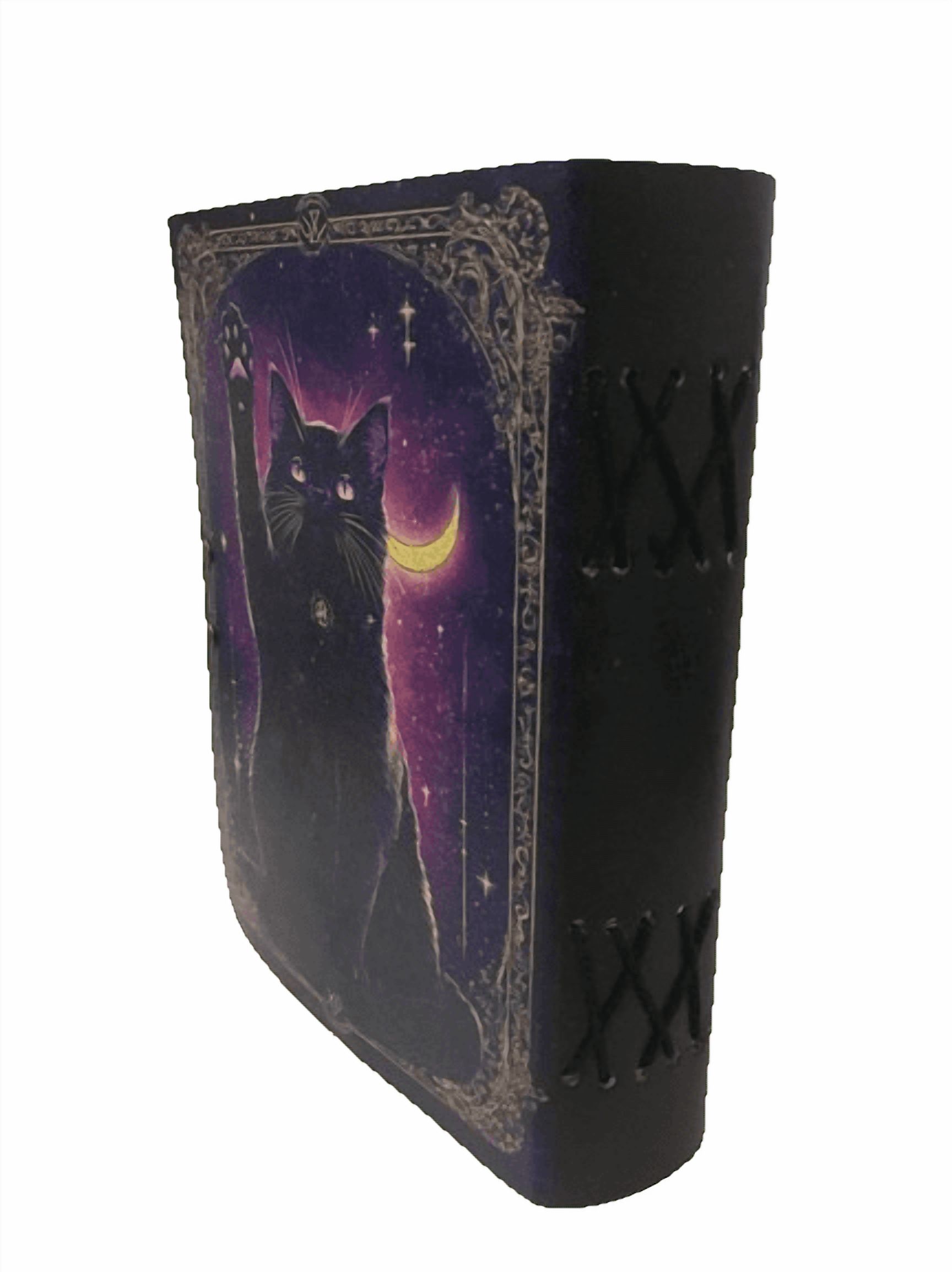 Mystic Black Cat Leather Journal, 5x7 Inch Handmade Notebook with Moon & Stars Artwork, 200 Vintage Handmade Paper Pages, Antique Locking Diary for Writing & Sketching