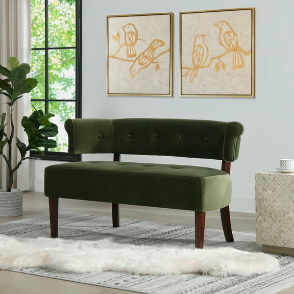Jared Roll Arm Tufted Bench Settee, Olive Green Performance Velvet