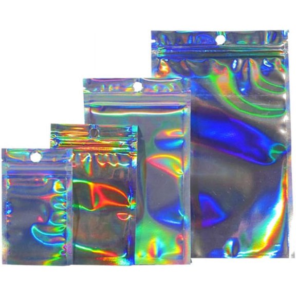 100PCS Clear Airtight Mylar Zip Lock Bags with Hang Hole Resealable Smell Proof Pouch Rainbow Aluminum Foil Packaging Bags Food Storage (10.5x15 (4.1x5.9 inch))