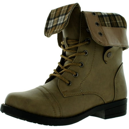 Anna Womens Tammy-12 Comfy Mid-Calf Cuff Military Combat Flat Lace Up Boot