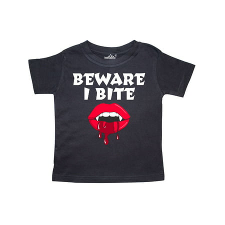 Beware I Bite with Vampire Fangs Vector Drawing in White Text Toddler