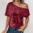 thumbnail image 2 of Besolor Off Shoulder Tops for Women Sequin Short Sleeve Top Summer Casual Loose Sparkly Party Blouses, 2 of 7