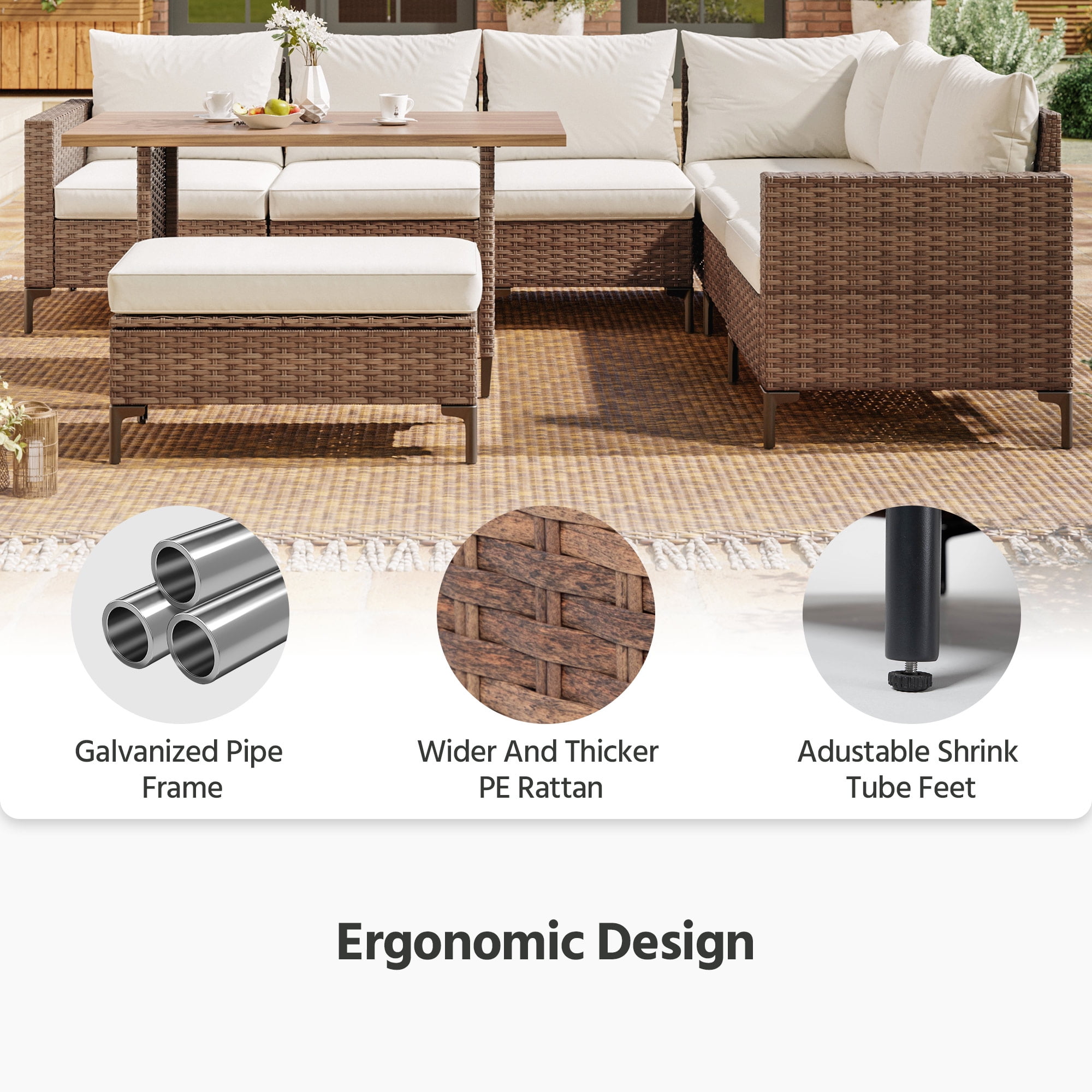 LAUSAINT HOME 8-Piece Patio Furniture Set, Outdoor Wicker Conversation Set with Adjustable Backrest & Storage Ottoman, Beige Cushions