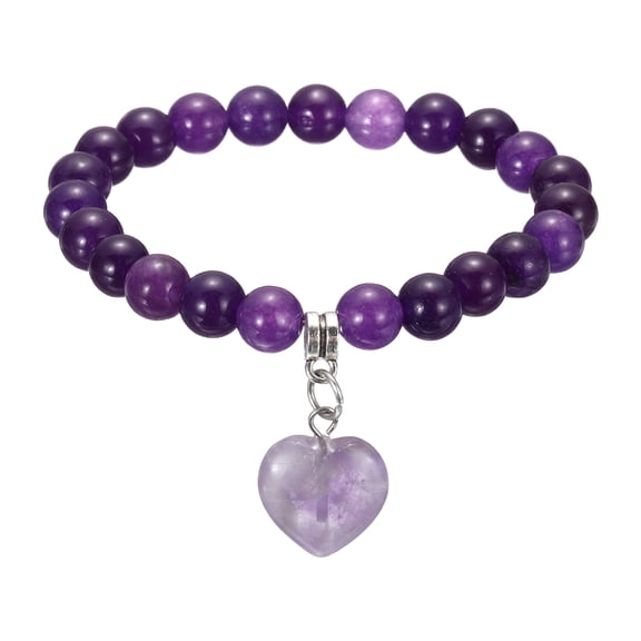 Crystal Bracelet for Women 8mm Natural Gemstone Heart Beaded Friendship Bracelet, 6.5Inch, Purple