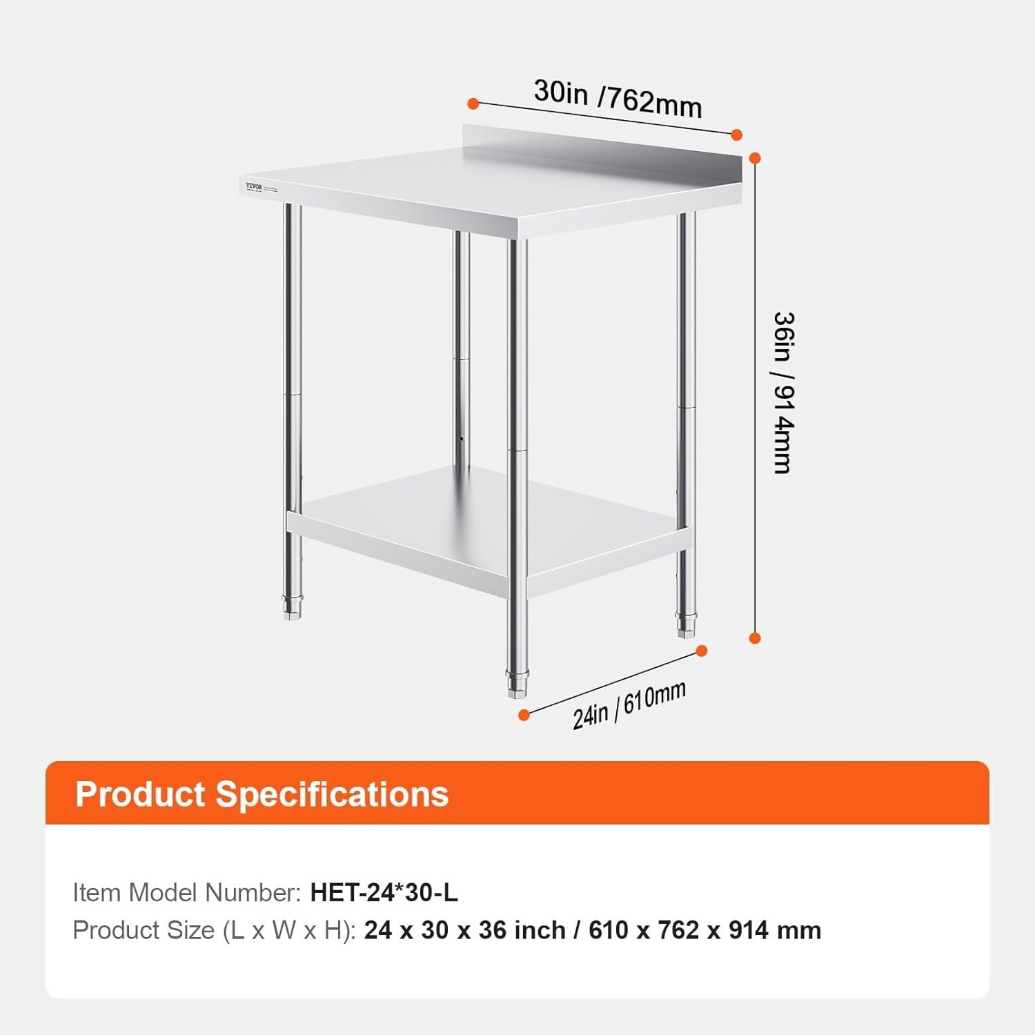 24 x 30 x 36 Inch Stainless Steel Work Table, Commercial Food Prep Worktable Heavy Duty Prep Worktable, Metal Work Table with Adjustable Height for Restaurant, Home and Hotel