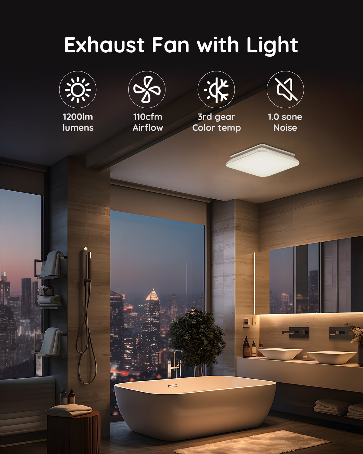 Bathroom Exhaust Fan with Light，1.0 Sones Bathroom Vent with Light，110 CFM 43W 1200LM Ceiling Mount Shower Ventilation Exhaust with Light，Bathroom Fan LED Light 3000K/4000K/5000K