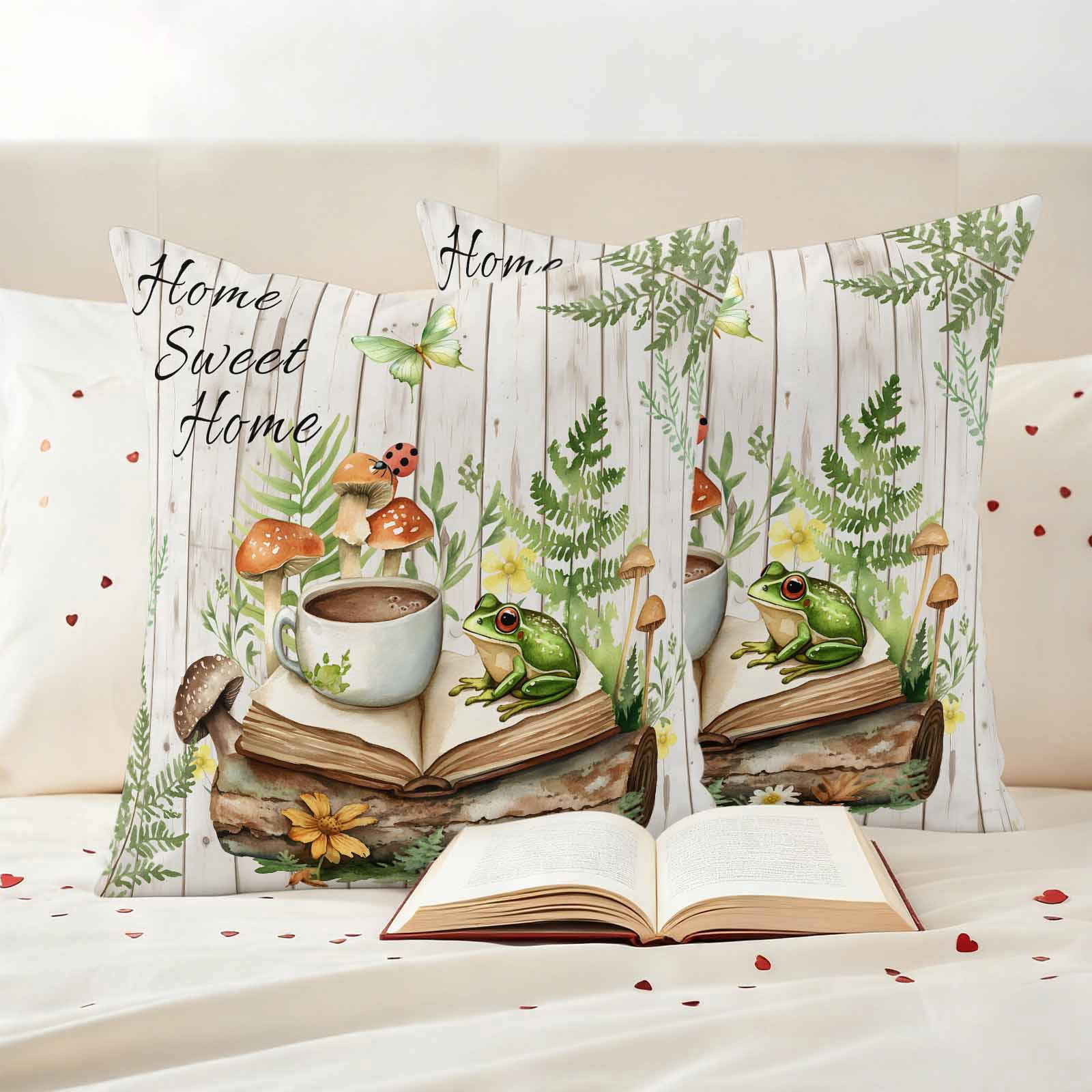 Pastoral Plant Pillow Covers 2 Pack Sweet Butterfly Coffee Book White Wood Pillowcase Waterproof Outdoor Throw Pillow Cover for Patio Garden Square Cushion 24”x24”