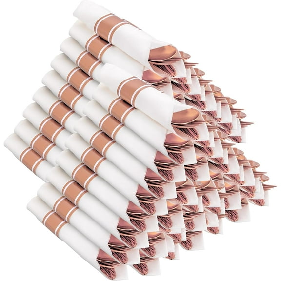 400PCS Pre Rolled Rose Gold Plastic Silverware Sets - Heavy Duty Rose Gold Cutlery - Include 100 Pack Wrapped Disposable Utensils with Napkins for Parties & Dinners & Weddings