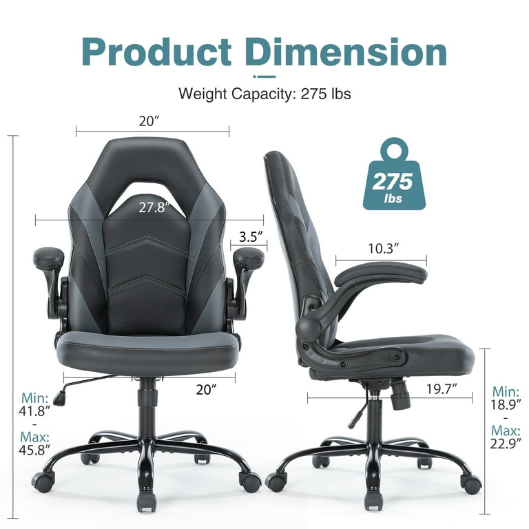 Computer Desk Chair Gaming Chair with Flip up Armrests Ergonomic Home Office Chairs Height Adjustable Leather Game Chair with Lumbar Support Black