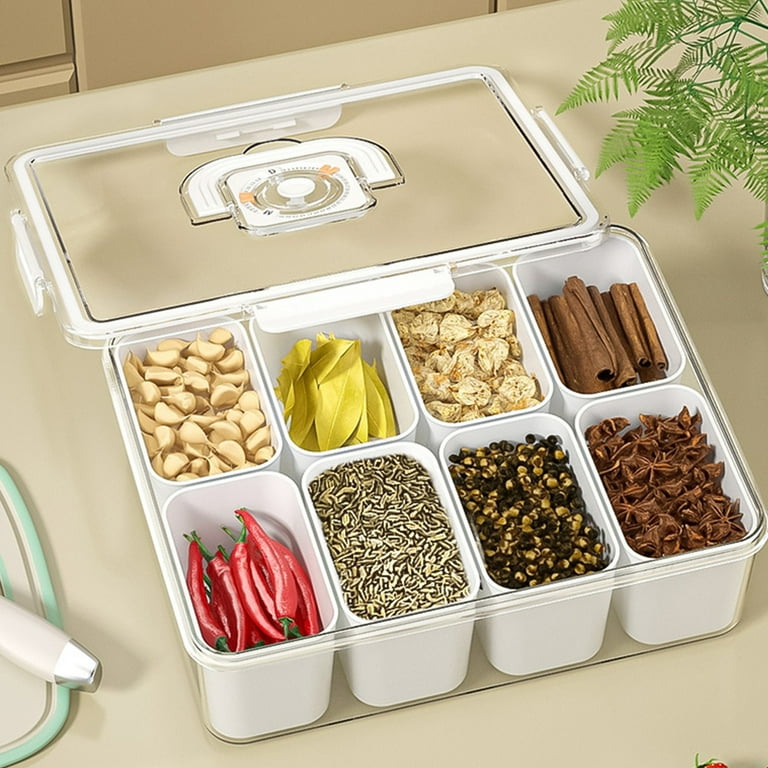 Hzsb Salad Crisper Snack Box with Lid 8 Compartments Food Grade Portable Handle Food Container for Fruits Nuts Parties