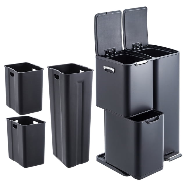 BeesClover 16 Gal Triple Compartment Kitchen Trash Can, Stainless Steel Garbage & Recycle Bin Combo with Plastic Inner Buckets