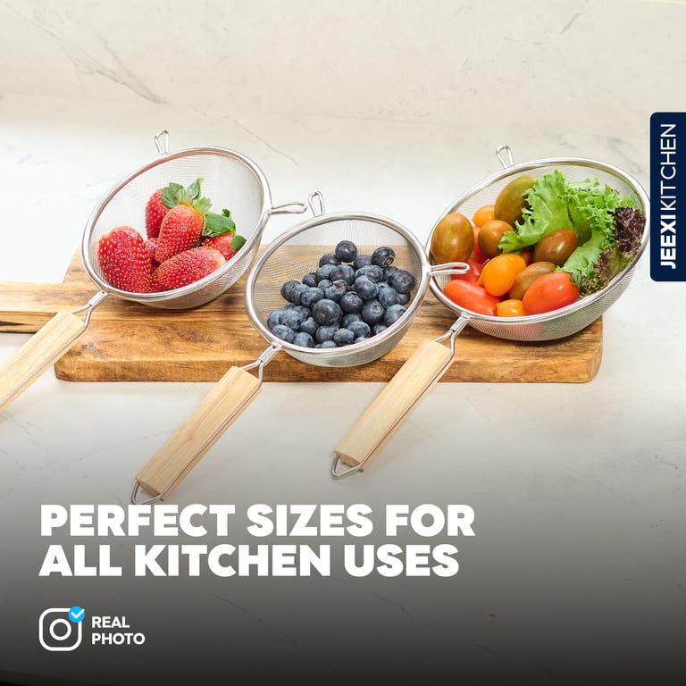 Jeexi 3-Piece Stainless Steel Strainer Set, Wooden Handles photo 2
