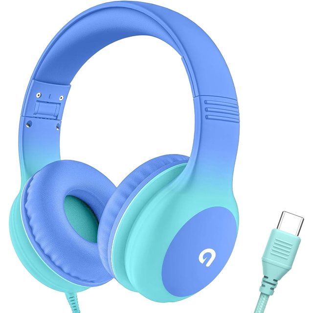 Faben Écouteurs pour Enfants avec Prise USB C, Limitation de Volume 85dB Protection Auditive Sécurisée, Bandeau Réglable, Écouteurs Sans Enchevêtrement pour École, Tablette, Voyage (Dégradé Bleu Vert)