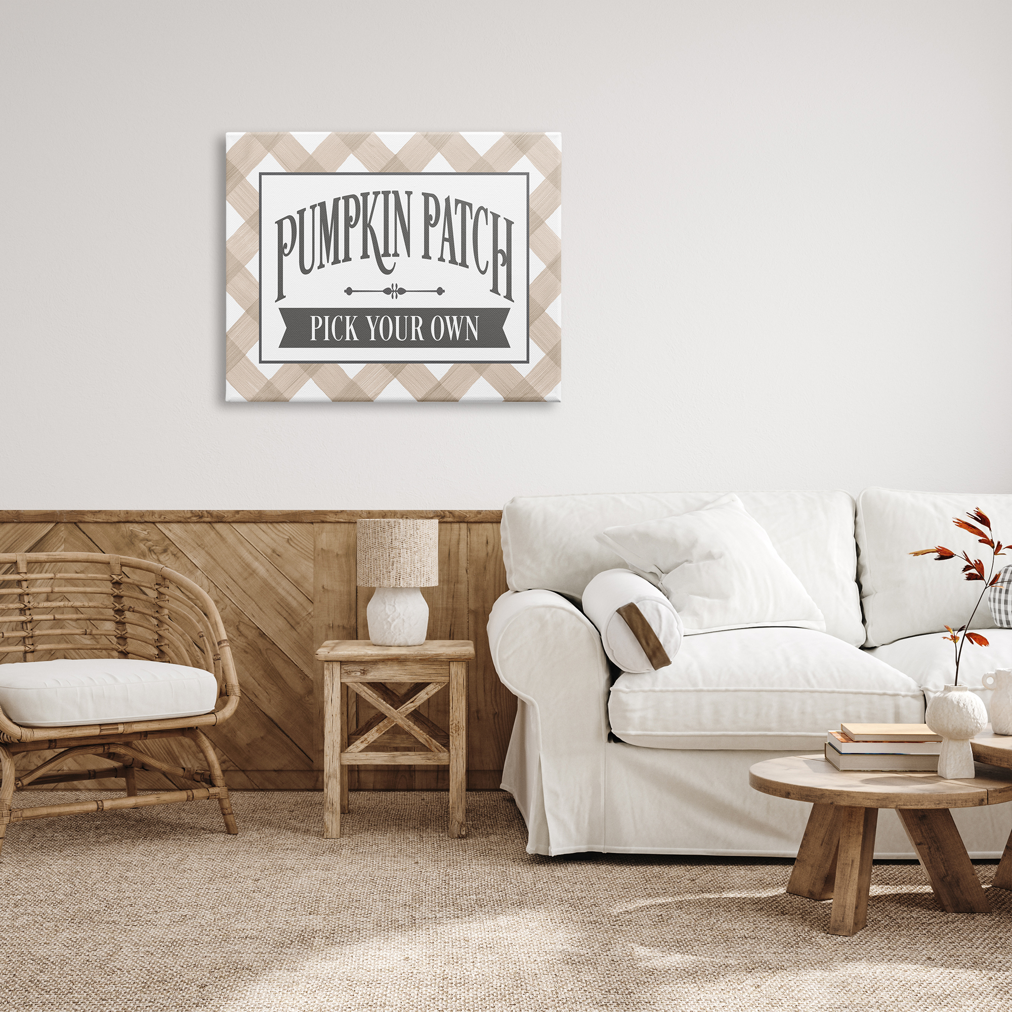 Stupell Industries Pumpkin Patch Country Sign Autumnal Beige Plaid Graphic Art Gallery Wrapped Canvas Print Wall Art, Design by Lettered and Lined