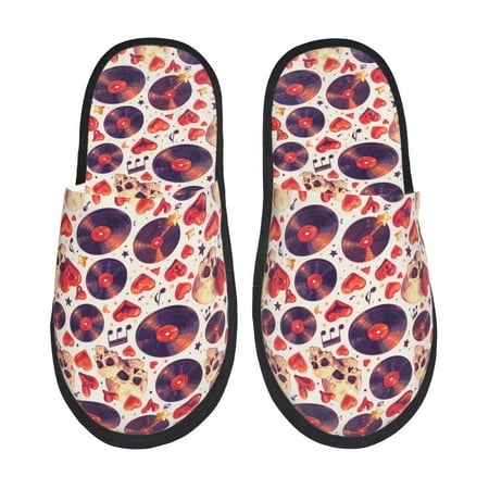 Balery rock Skull record heart Slient Indoor Furry Fleece Comfort House Shoes Soft Non-Slip Home Shoes Cotton slippers House Slippers-- Medium