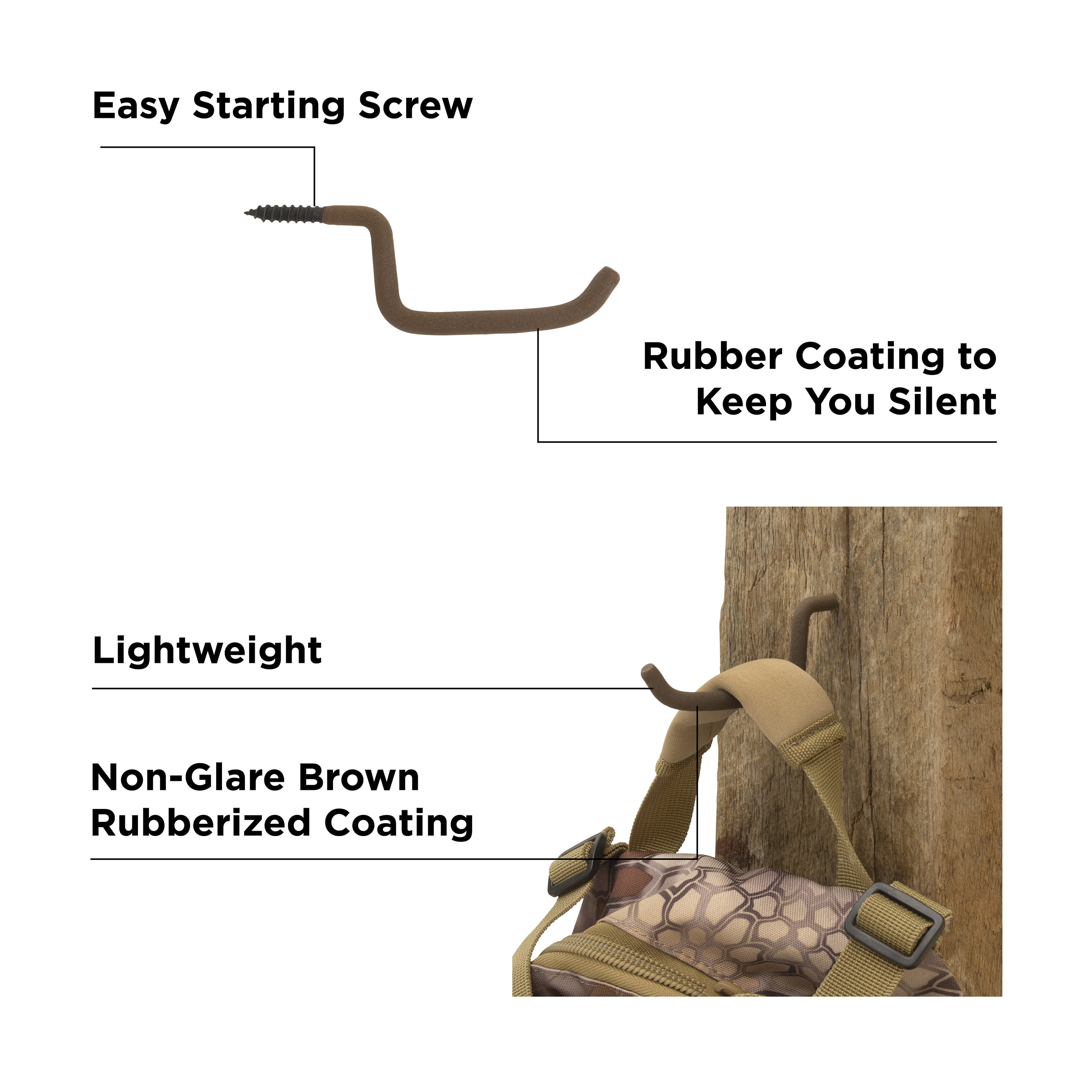 (4 pack) Allen Company Screw-In Gear Hanger Hook - Quiet Rubberized Coating - Brown