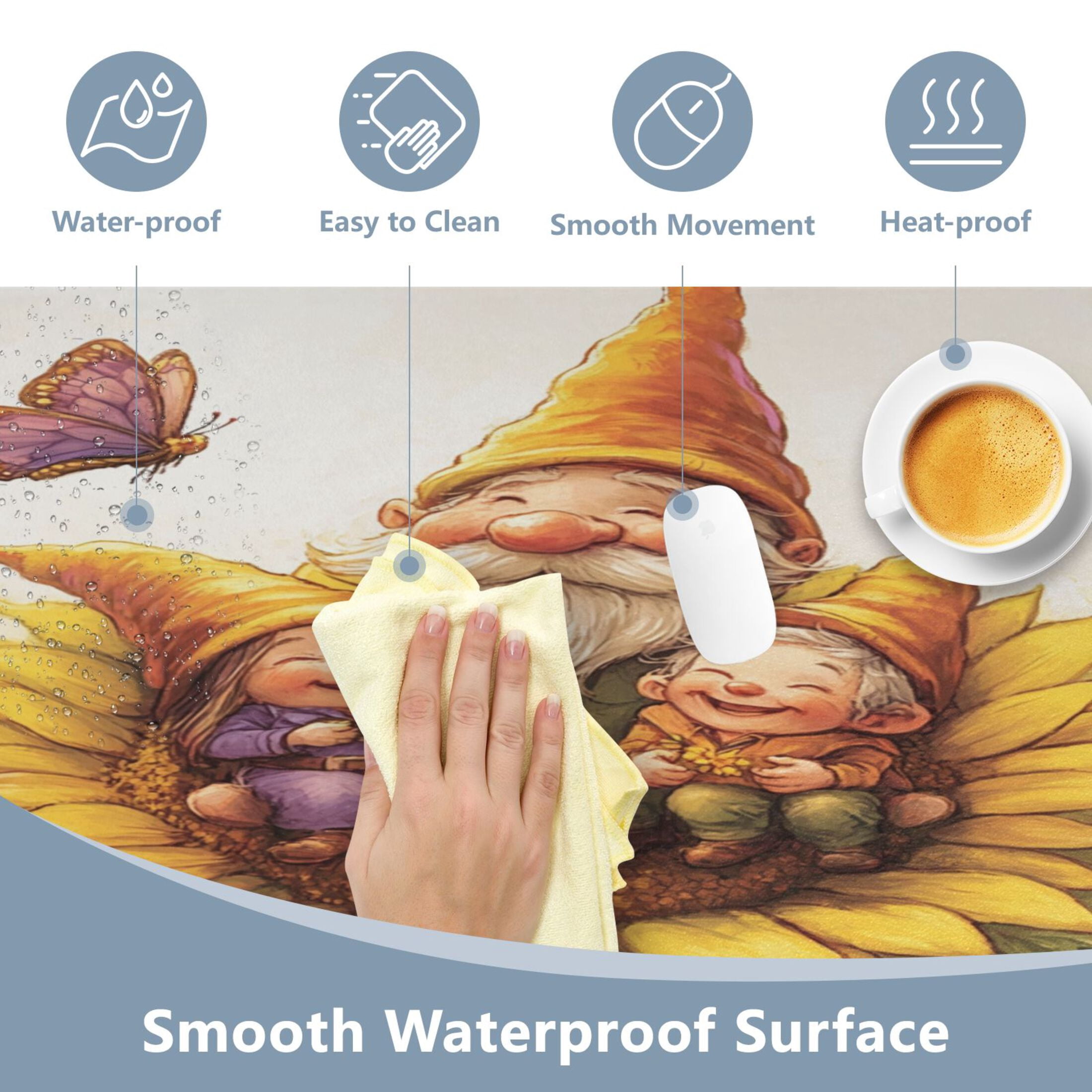 Wobogo Dwarf Elves Sunflower Gaming Mouse Pad Non-slip Leather Desk Mat Water Resist Keyboard Pad for Gamer Office 16.5×35.4in