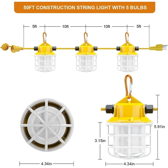 50ft LED Construction String Lights, 75W 7500LM Super Bright LED String Work Lights, Construction Temporary Lights (50ft-5lights)