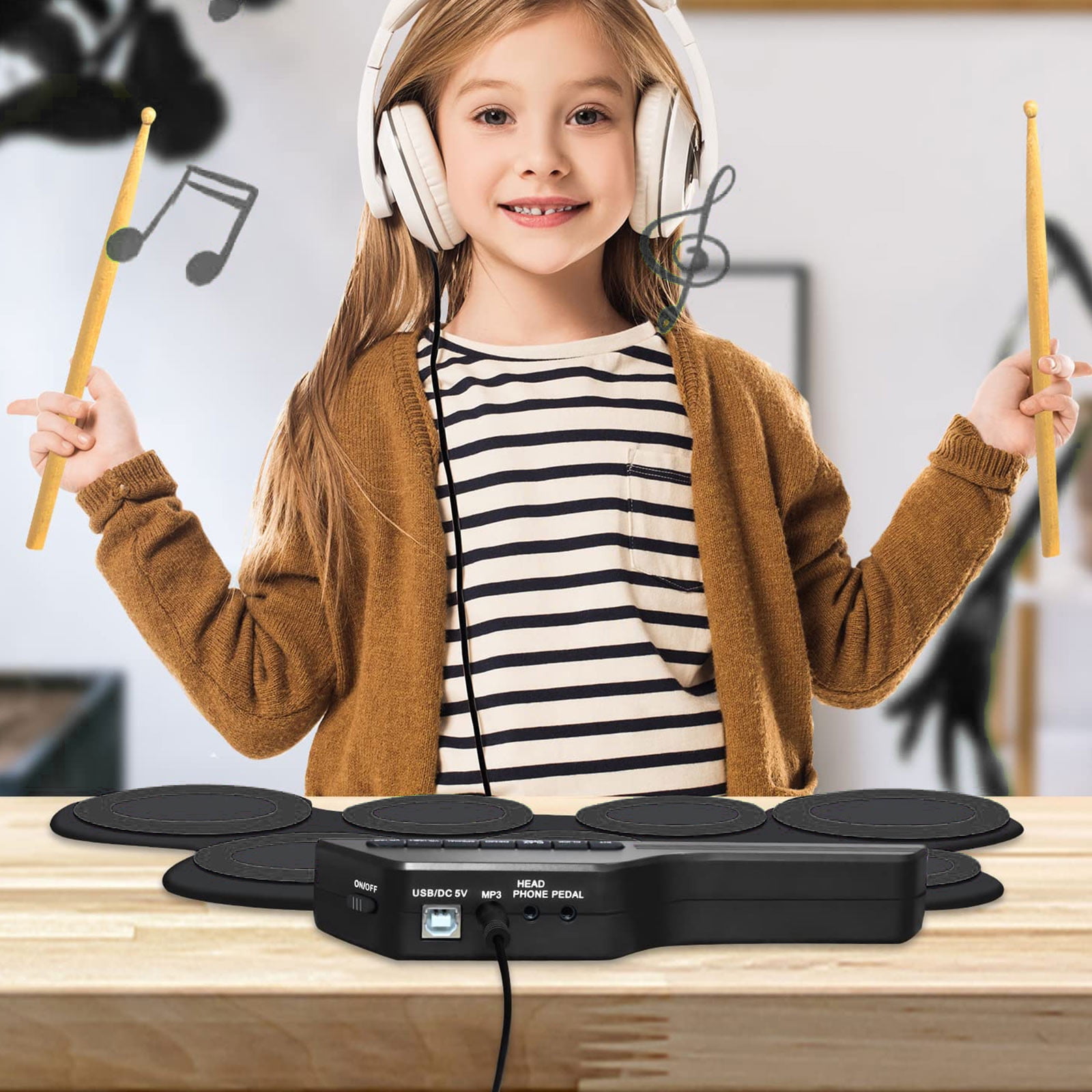 erfcxs Compact Size USB Roll Up Silicon Drum Set 7 Drum Pads With Drumsticks Foot Pedals Digital Electronic Drum Kit For Kids