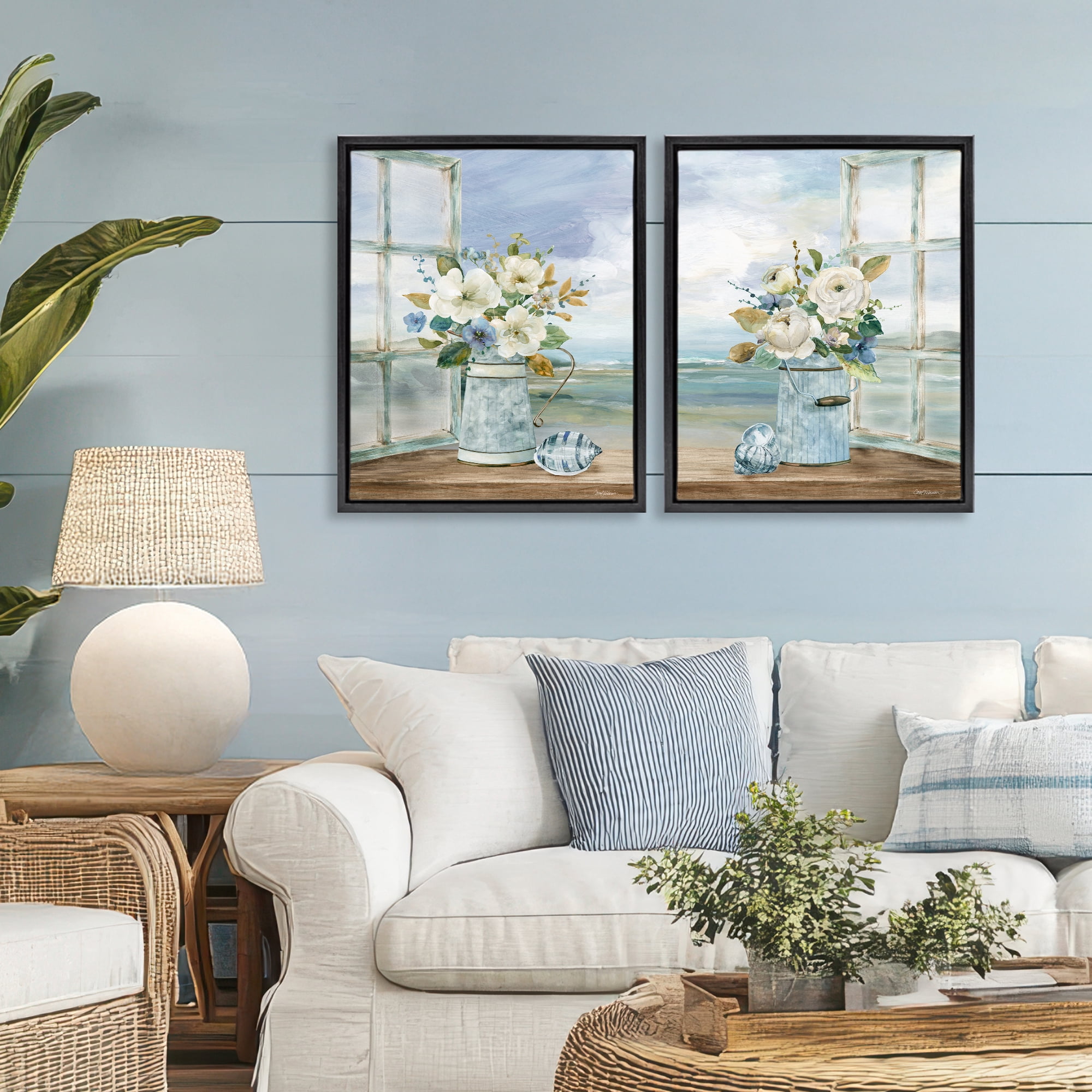 Stupell Industries Seaside Bouquets in Window 2 Piece Black Framed Floater Canvas Set, design by Carol Robinson