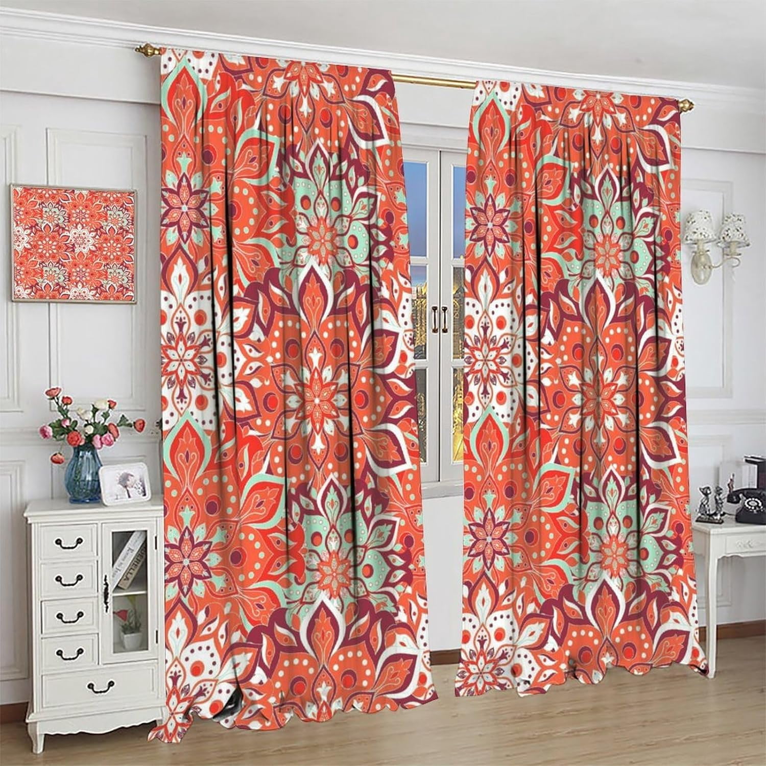 Rustic Paisley Blackout Curtains,Orange Boho Vintage Flower Texture Paisley Art Aesthetic Print Rod Pocket Window Treatments Drapes for Bedroom Living Room Kitchen Home Decor 84" W X 84" L
