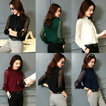 Fashion Women Casual Chiffon Fashion Womens Ladies Summer Loose Chiffon Top Long Sleeve Shirt Casual Blouse 5 Colors S-3XL ()