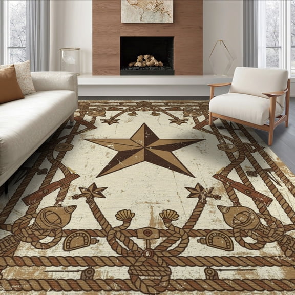ODIKA 8'x10' Washable Area Rug Non-Slip Chair-Friendly Mat Cowboy Vintage Farmhouse Border Round Runway Themed Trailer Hooks Flowing for Dining Room, Large Office, Lounge