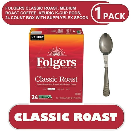Folgers Classic Roast, Medium Roast Coffee, Keurig K-Cup Pods, 24 Count Box With supplyplex spoon