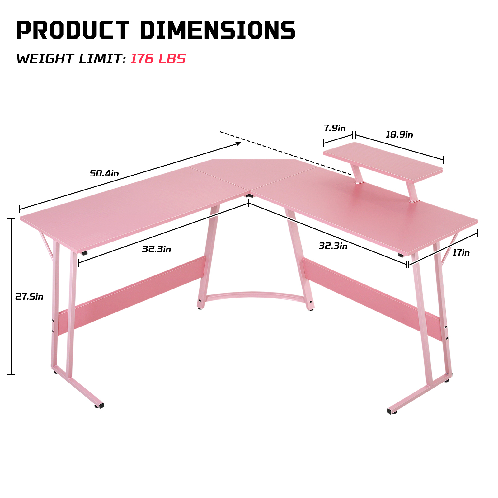 Dkelincs L Shaped Gaming Desk, 50.4" Corner Computer Desk PC Game Table with Monitor Stand Large Desktop for Home Office Study Writing Workstation, Pink