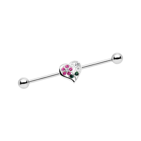 Body Candy 14G 316L Steel Helix Cartilage Earring Pink Accent Flower Heart Industrial Barbell 1 1/2"
