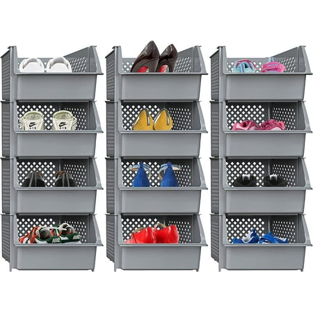 Skywin Plastic Stackable Storage Bins For Pantry - 12 Pack Grey Stackable Bins For Organizing Food, Kitchen, And Bathroom Essentials