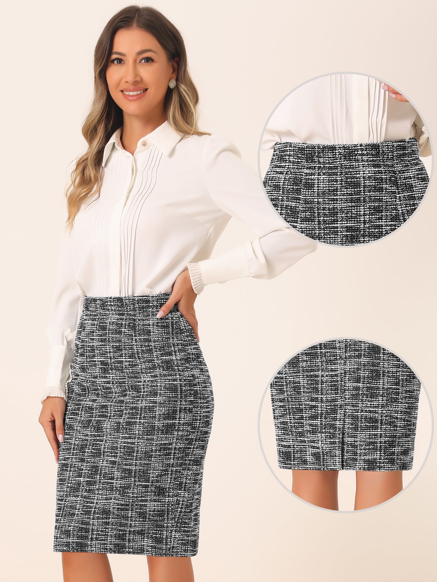 DARING DIVA Women's Tweed High Waist Plaid Pencil Skirts XL Black