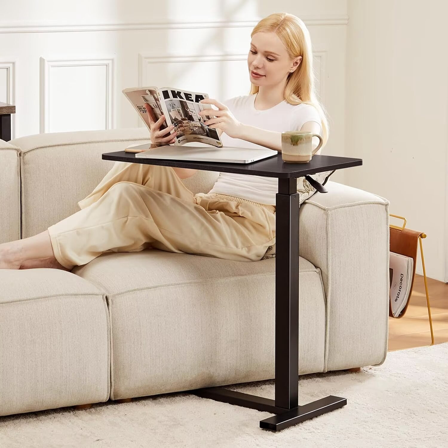 Simple Deluxe Overbed Bedside Table with Hidden Casters, Adjustable Pneumatic Mobile Laptop Computer Standing Desk, Rolling Laptop Table, Movable Overbed Table Hospital Home Use, Black