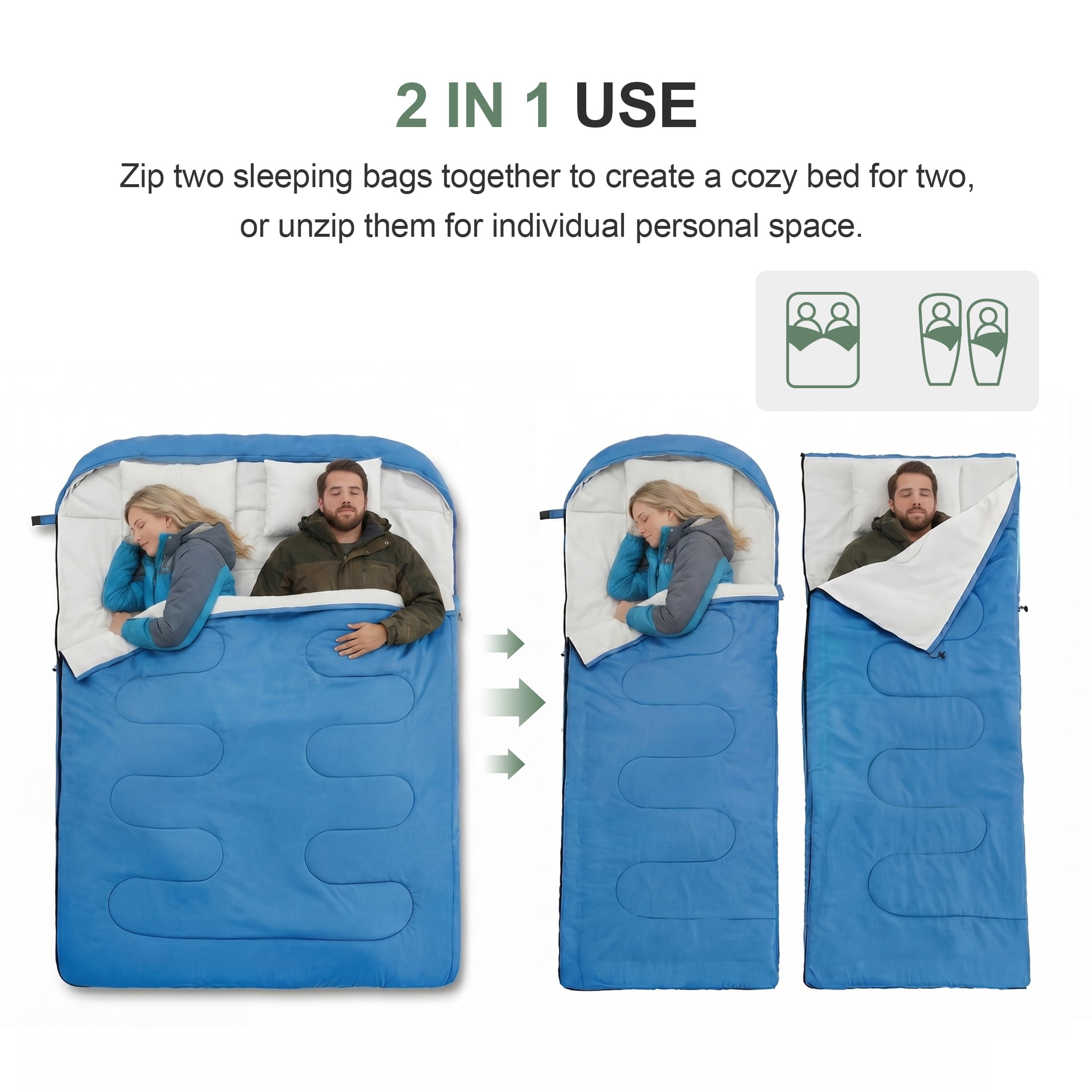 CONCETTA Lightweight Double Sleeping Bag for Adults in Cold & Warm Weaher, Waterproof & Machine Washable for Camping/Backpacking/Hiking, Blue