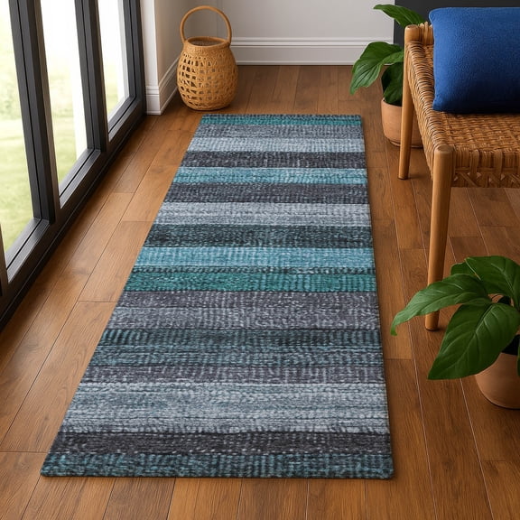 Addison Rugs Mayfield Premium Machine Washable Transitional Stripes Teal Runner Rug, 2'3" x 7'6"