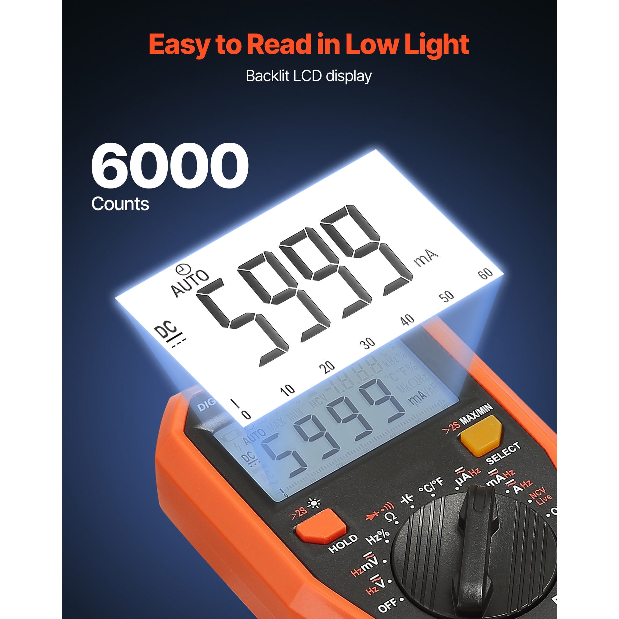 KFFKFF Digital Multimeter, 6000-Count TRMS AC/DC Voltage and Current Tester, Professional NCV Meter for Measuring Voltage, Current, Resistance, Capacitance, Temperature, Diodes, Continuity