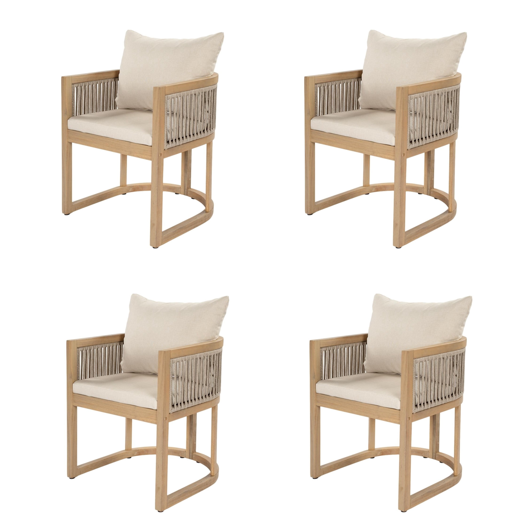 Christopher Knight Home Acacia Wood Outdoor Dining Chair with Cushions, Curved Shape, Light Teak+Beige, Set of 4