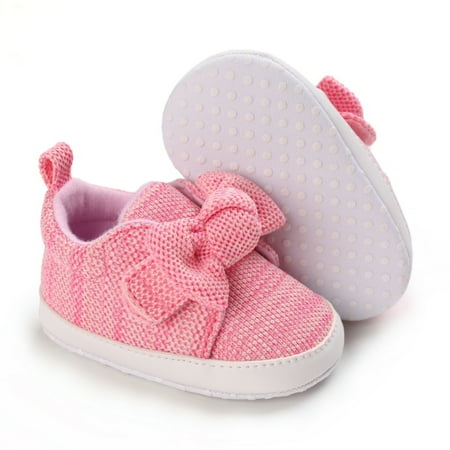 

Baby Shoes Girls Infant Sneakers Breathable Walking Shoes with Bow Non-Slip Rubber Sole Toddler Crib First Walker Shoes 0-18M
