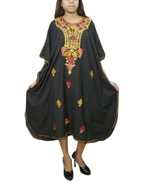 Mogul Women's Black Kimono Caftan Embellished Lounger Long Kaftan Dress One Size