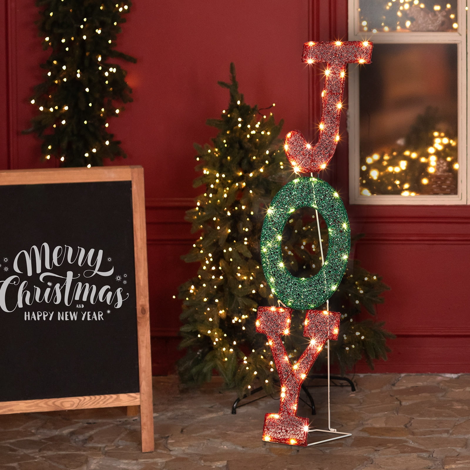 Astoutdoor Lighted JOY Letter Sign Christmas Yard Decoration, Pre-Lit 2D Display with 45 LED Warm White Lights and Ground Stakes, Indoor Outdoor Holiday Decor, White