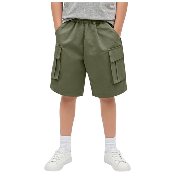 BOBOGOJP Boy's Casual Elastic Waist Cargo Shorts with Side Pockets Amry Green for Size 7-8 Years